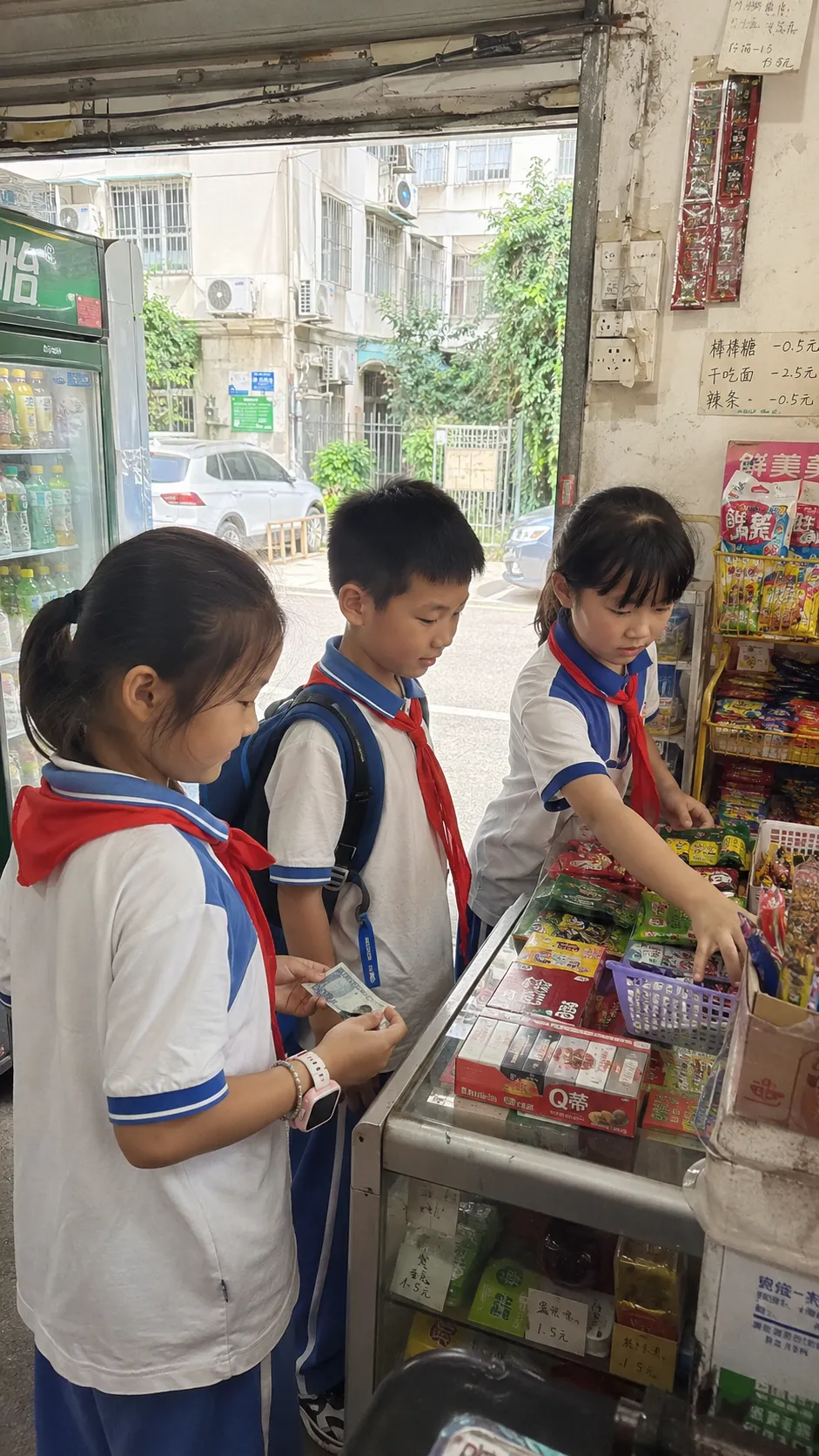 中国小学生在街角小店