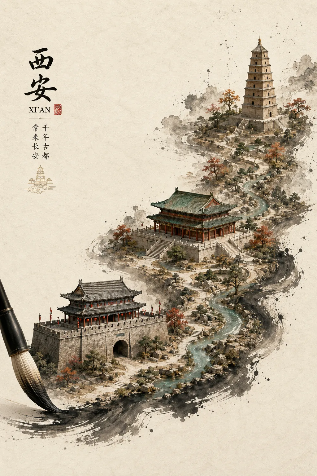 中国水墨风西安海报AI生图案例